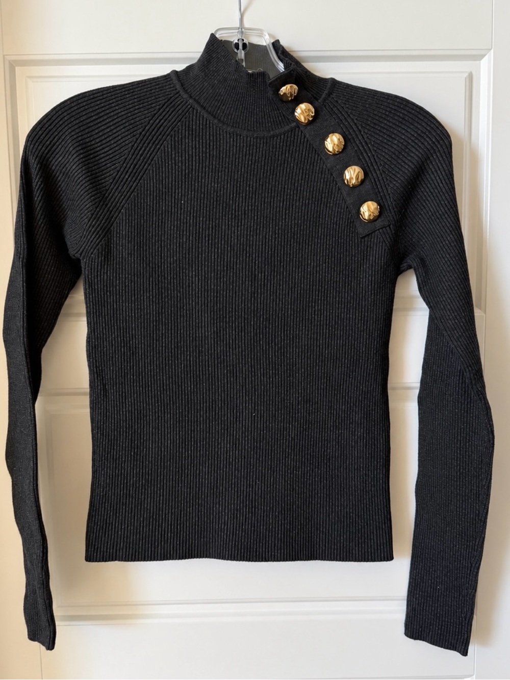 Ribbed Knit Mock Neck Sweater with Gold Button Detail - Black (Never worn)